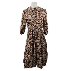 Lilac Brown Leopard Animal Print Collared Puff 3/4 Sleeve A-Line Midi Dress XS